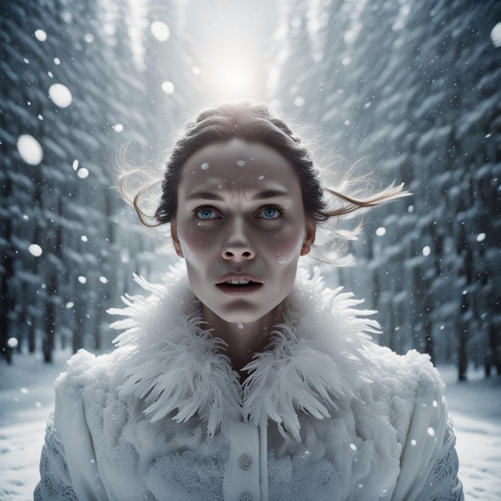 Pearl Woman Face in Snowfall: Cinematic Film Still