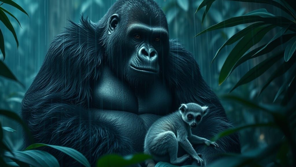 Giant Gorilla in Bioluminescent Rainforest