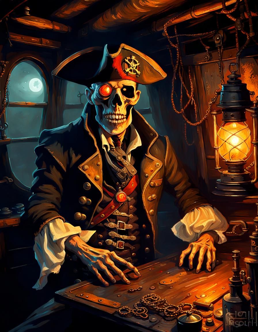 Undead Steampunk Pirate Captain in Dark Cabin