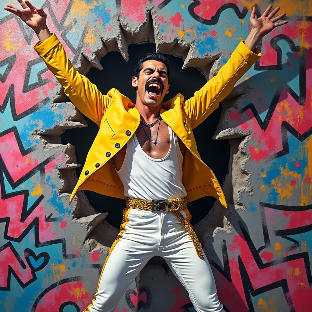 Dynamic Freddie Mercury Breaks Free in Vibrant Graffiti