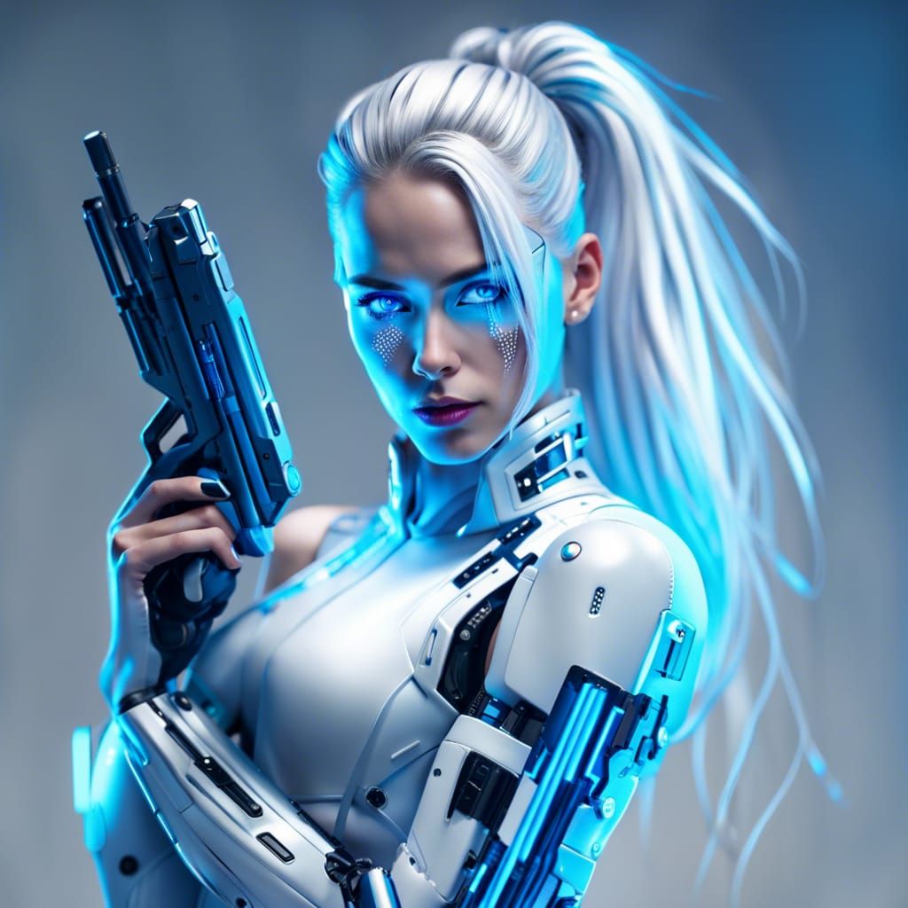 Cyber Girl with Laser Rifle in Cyberpunk Style