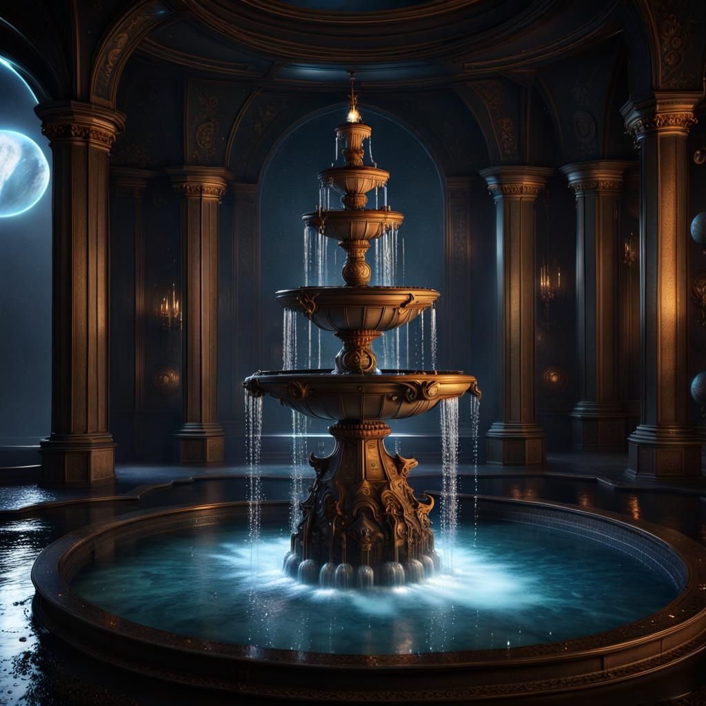 Fantasy Water Fountain with Planets, Stars, and Moons