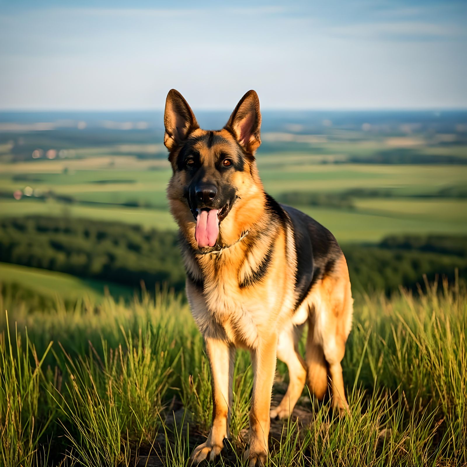 Happy German Shepherd Overlooking Farm Fields