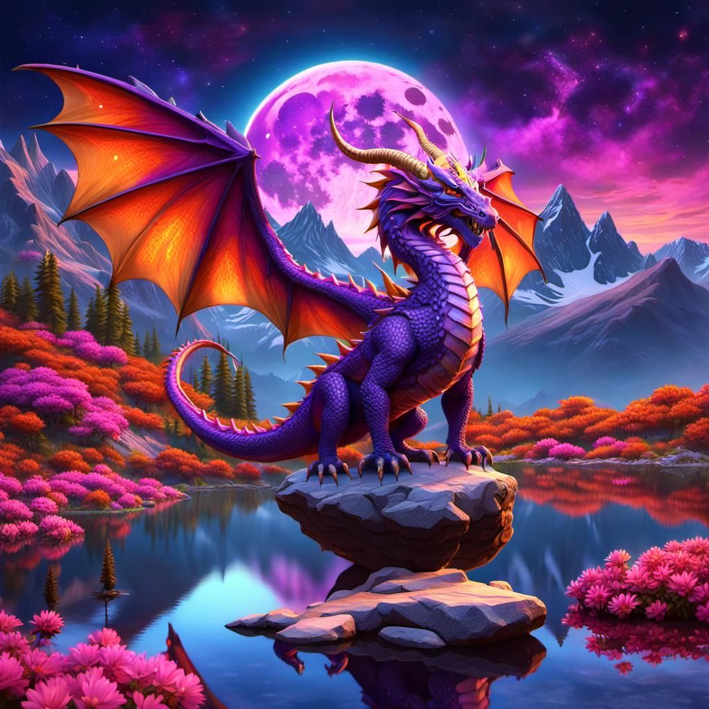 Purple Dragon with Golden Horns in Magical Landscape