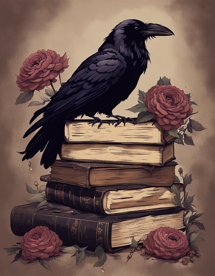Raven Among Books and Flowers in Dark Academia Style