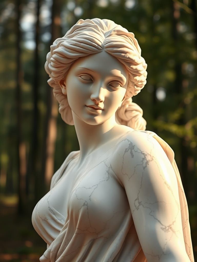 Ancient Greek Goddess Marble Statue with Forest Background