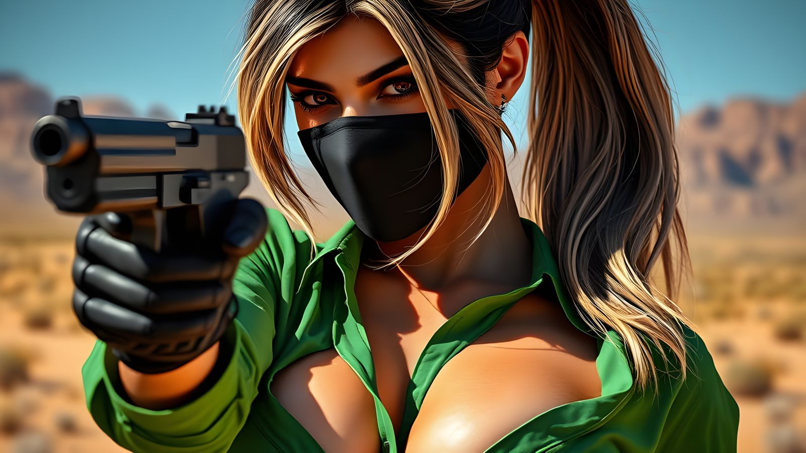 Glamorous Greek Goddess with Gun and Mask
