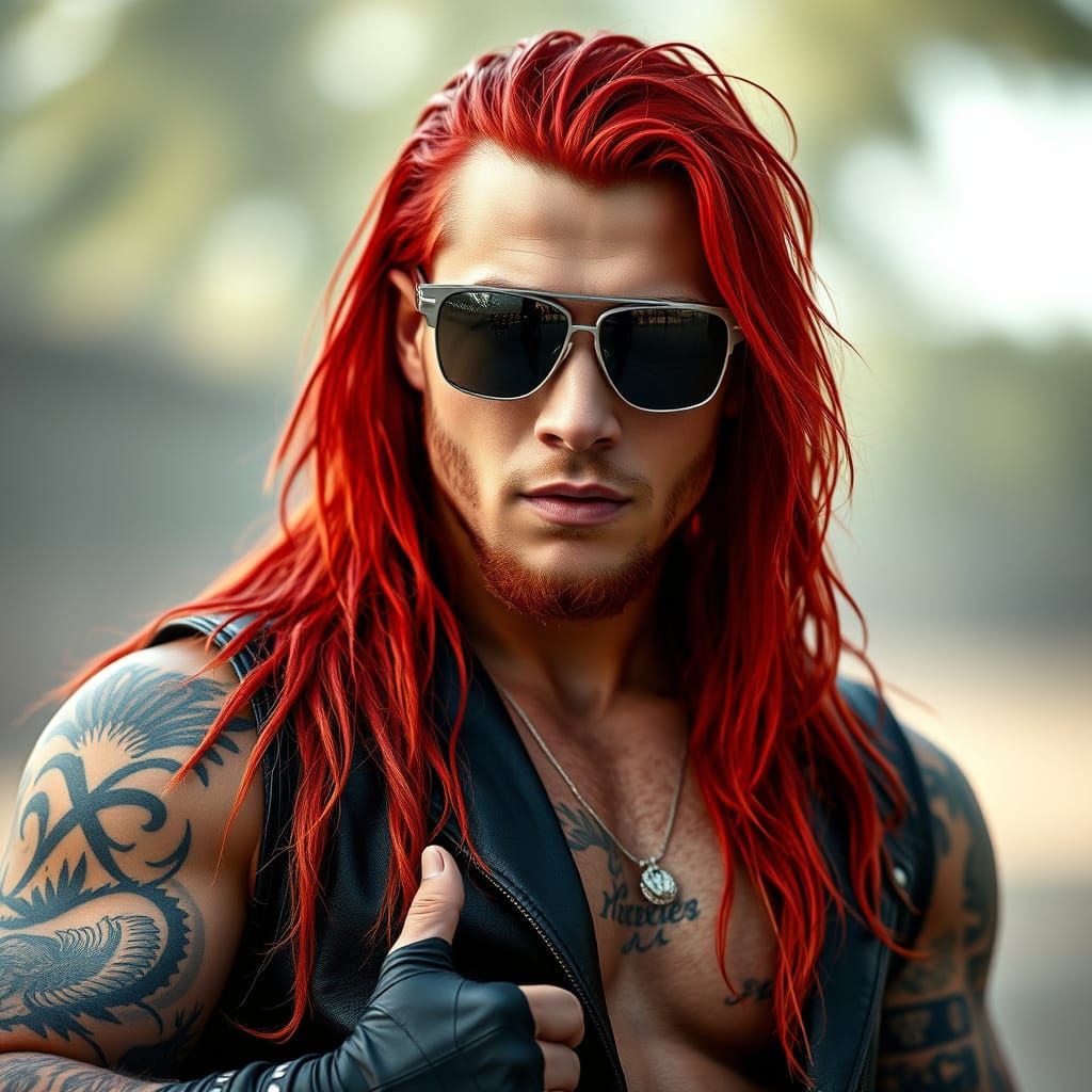 Moody Wrestler in Red Hair and Tattoos, Captured in Dramatic...