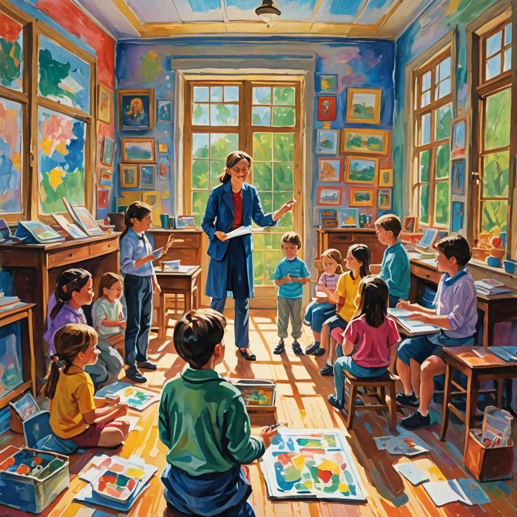 Impressionist Classroom Scene with Teacher Explaining Parula