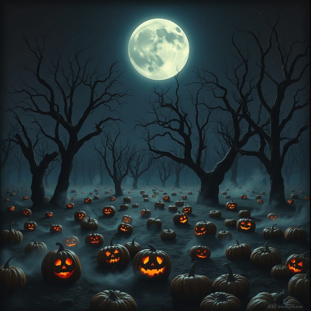 Spooky Pumpkin Patch Under Full Moon