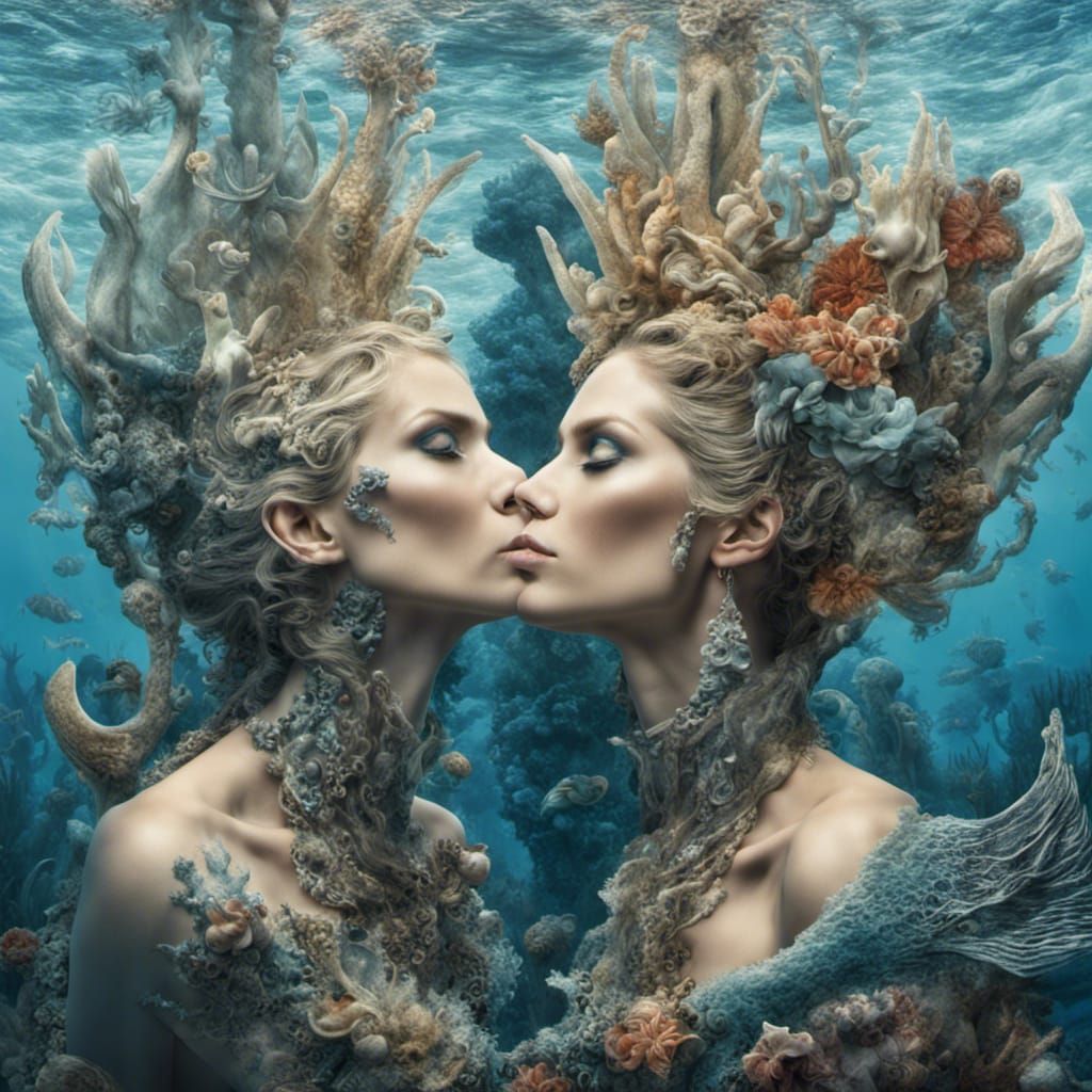 Mermaids Kissing in Underwater Fantasy Reef