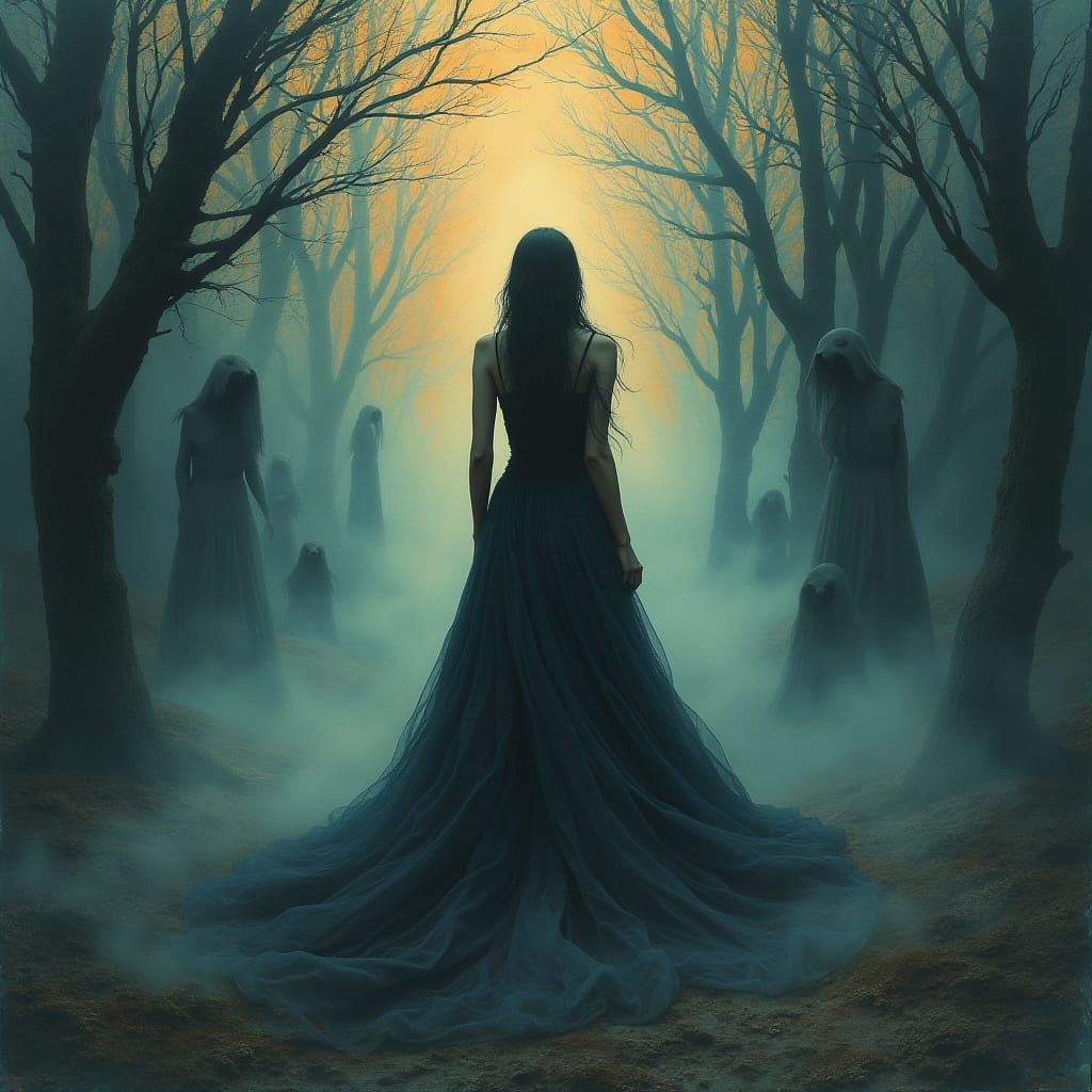 Eerie Woman Engulfed in Dreamlike Darkness