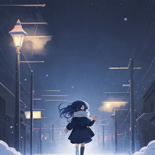 Anime Girl Walks on a Cold Night in Cel-Shaded Style