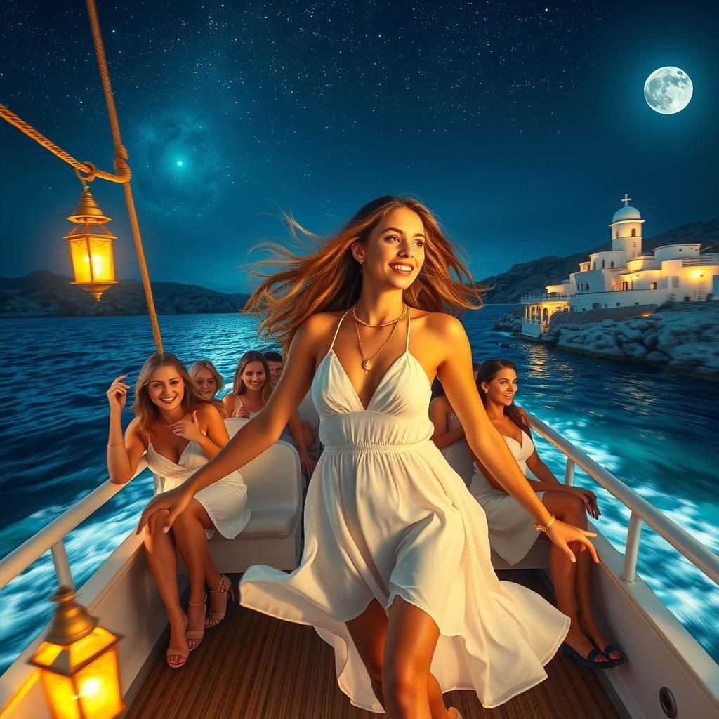 Magical Ferry Sailing Through Greek Islands at Midnight