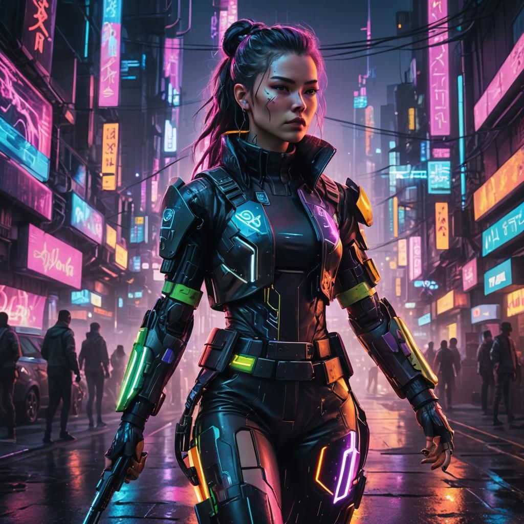 Cyberpunk Woman Warrior in Neon Cityscape