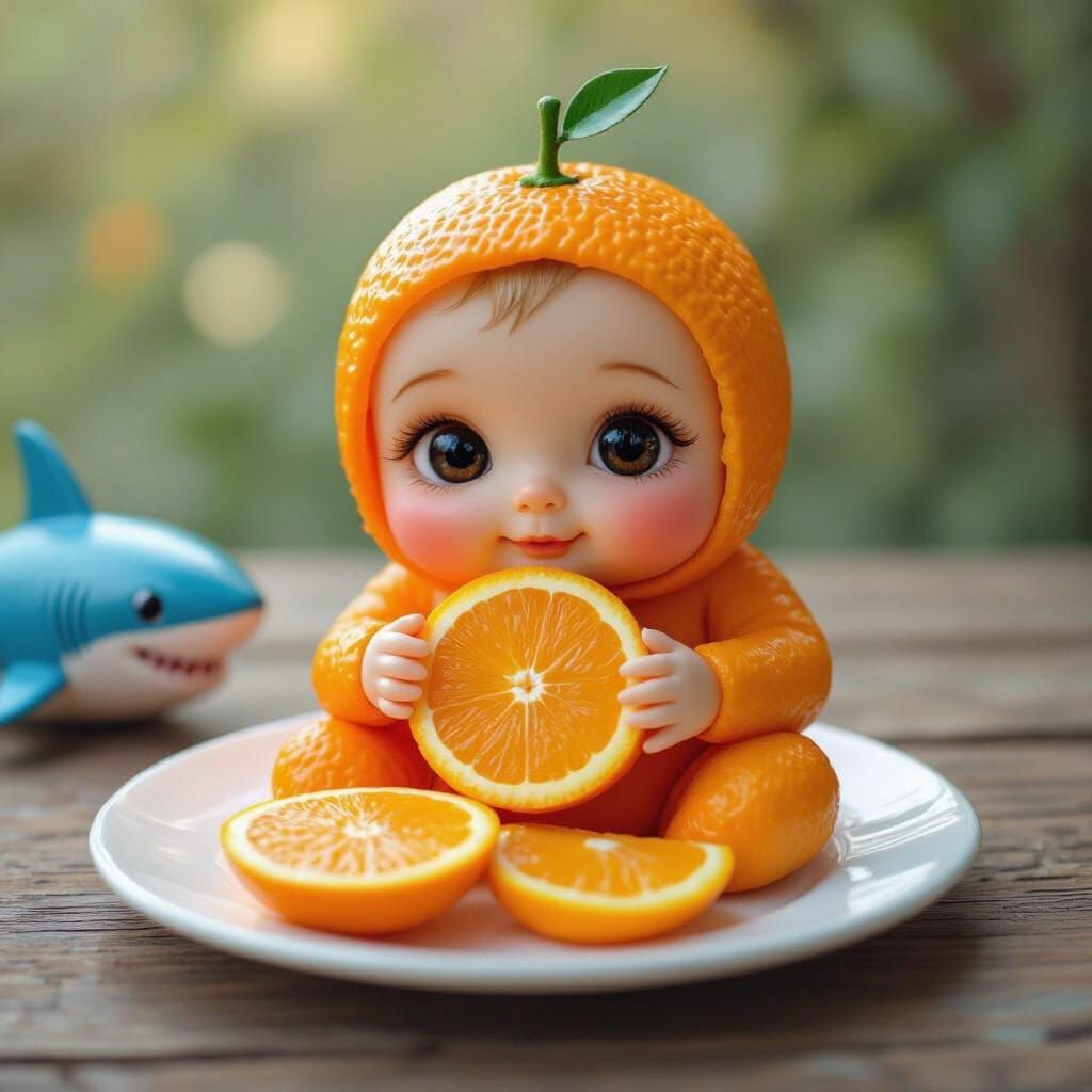Orange Creature with Baby Face at Rustic Table