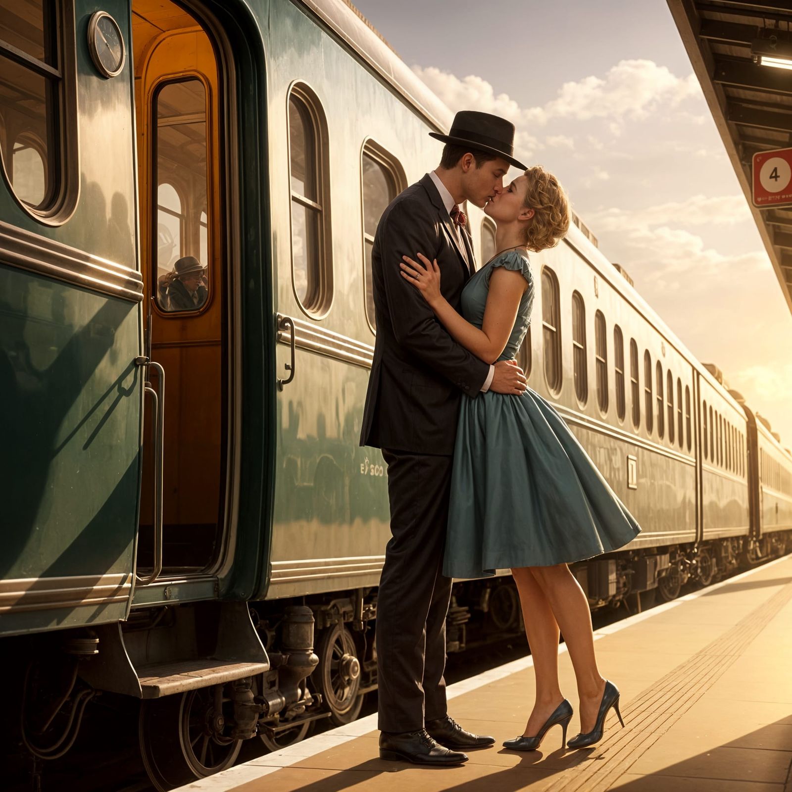 Romantic Train Station Farewell in 1950s Style