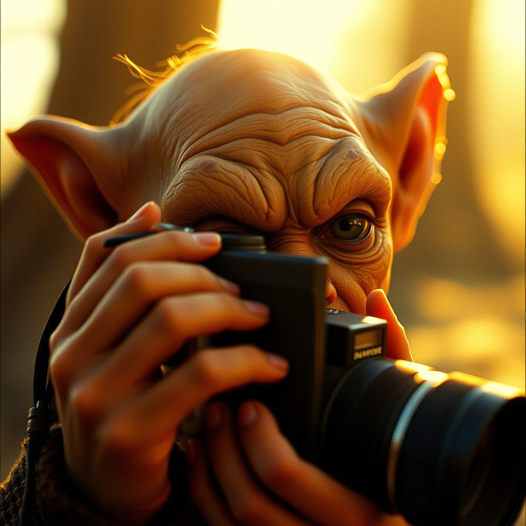 Goblin Photographer in Golden Light, Analog Film Style