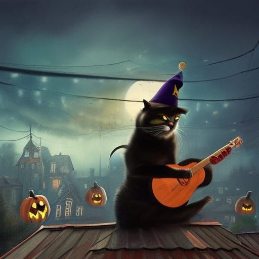 Sinister Halloween Cat Plays Guitar