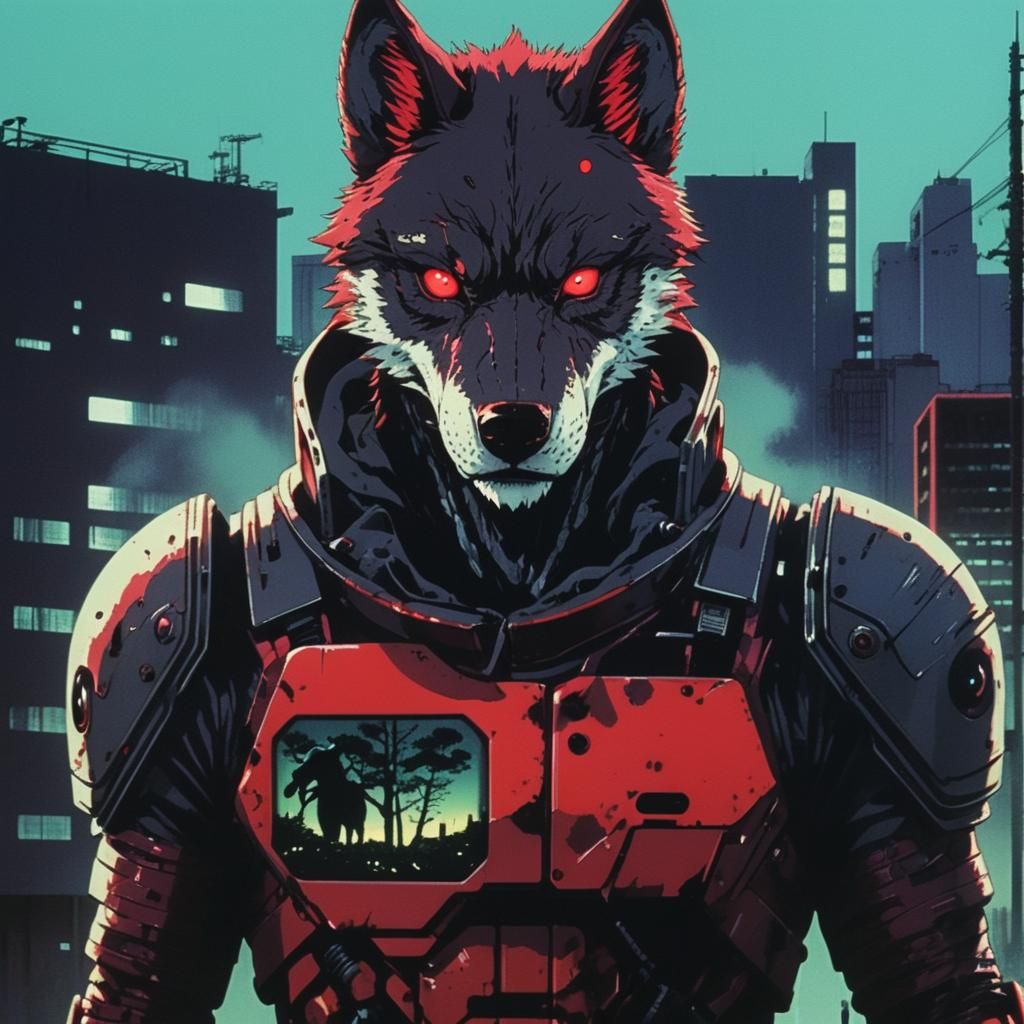 Red Cyborg Wolf in Vaporwave Anime Style