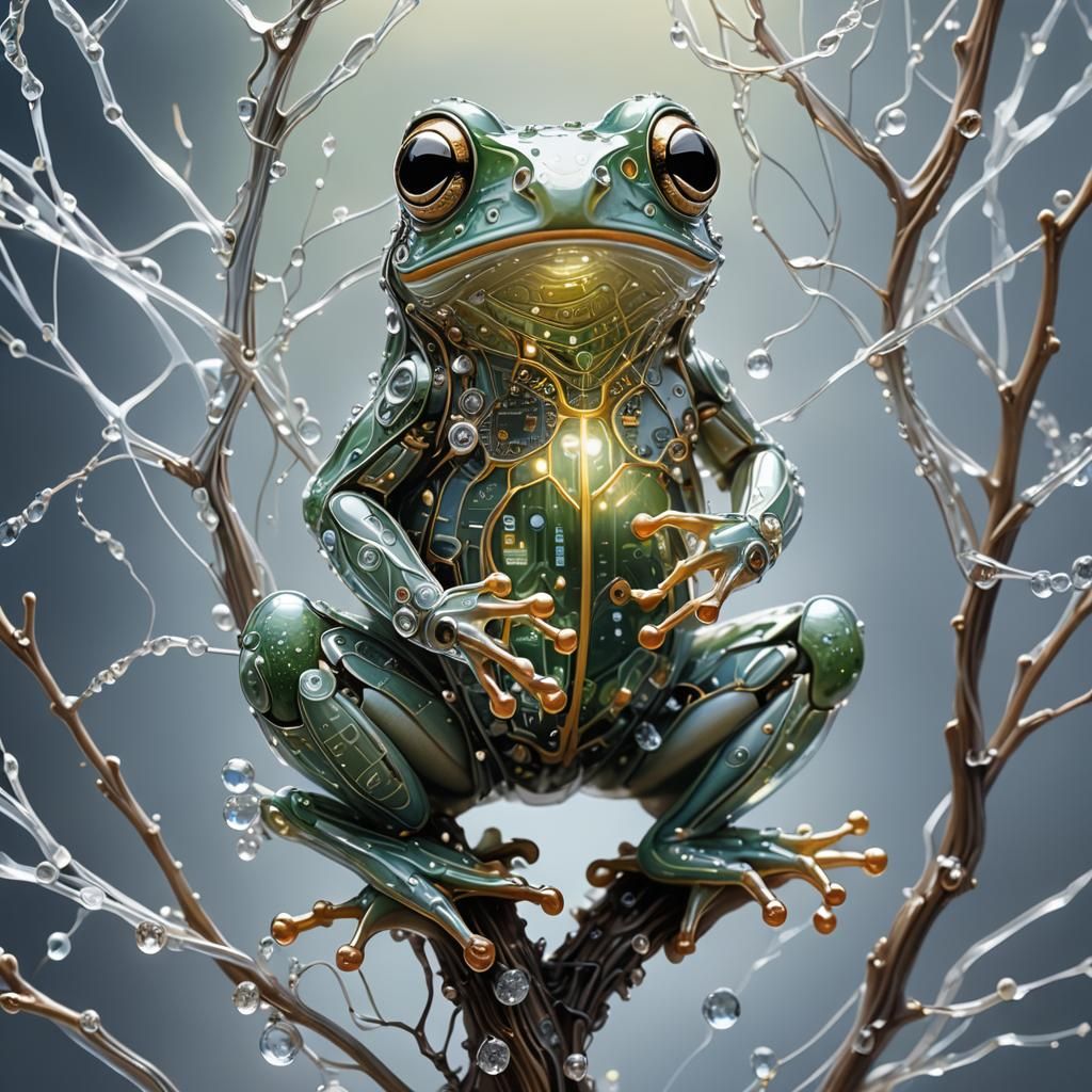 Crystal Circuit Board Frog: Hyperrealistic Concept Art