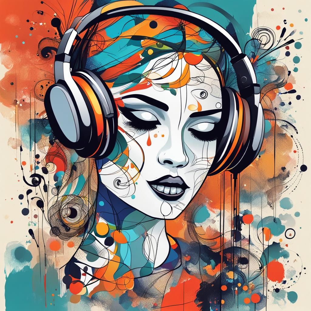 Cartoon Woman's Face with Accessories in Abstract Art