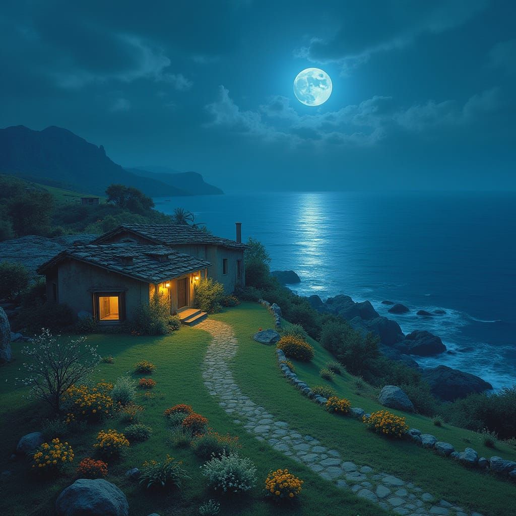 Iranian Village Houses by the Sea Under a Blue Moon