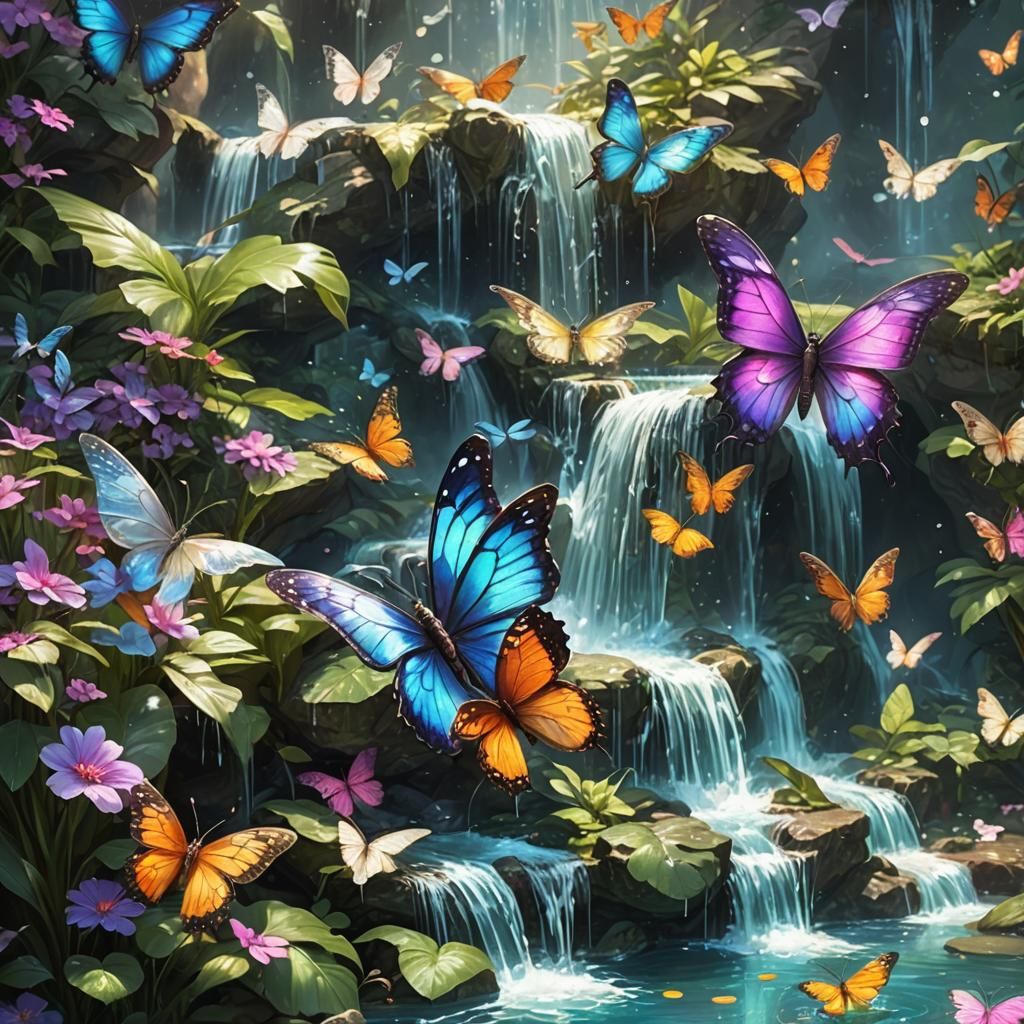 Butterfly Waterfall in Vibrant Fantasy Concept Art