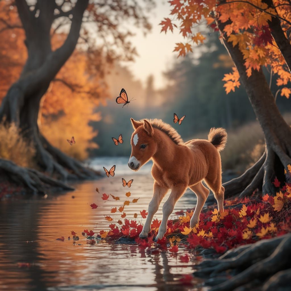Honey Foal Scattering Leaves by Forest River at Golden Hour