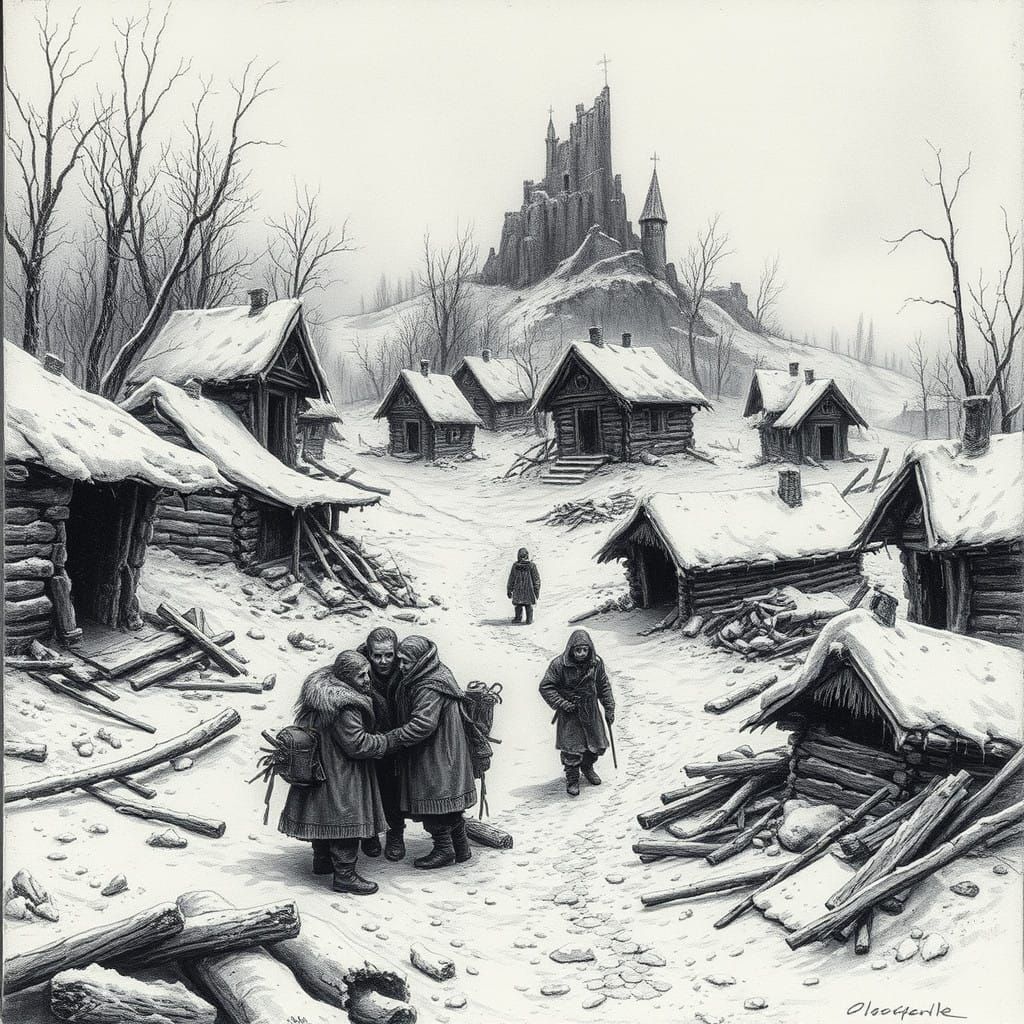 Ruined Winter Village in Desolate Post-Apocalyptic Landscape