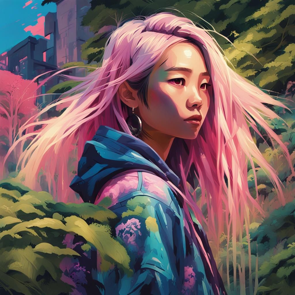 Chinese Woman with Pink Hair in Street Art Style
