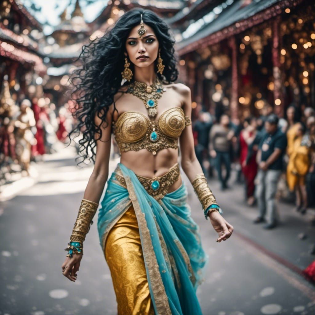 Indian Woman in Marketplace with Aqua and Gold Sari