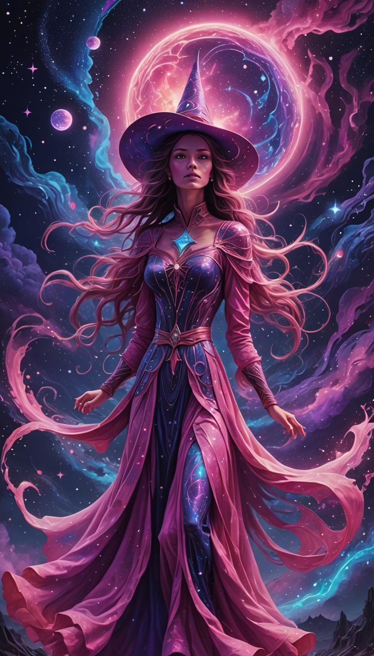 Pink Witch in Cosmic Surrealist Illustration