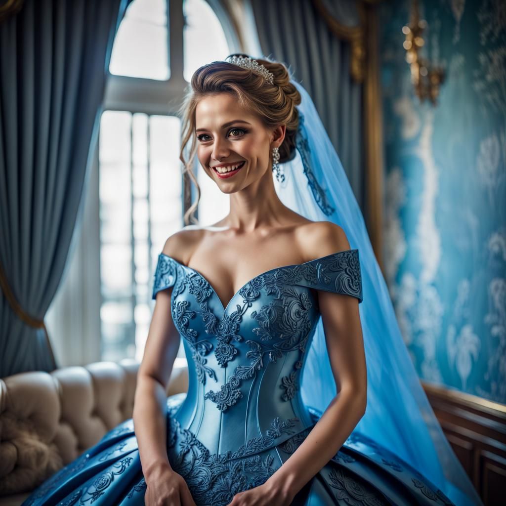 Smiling Bride in Blue Cardboard Dress: Hyperrealistic Fantas...