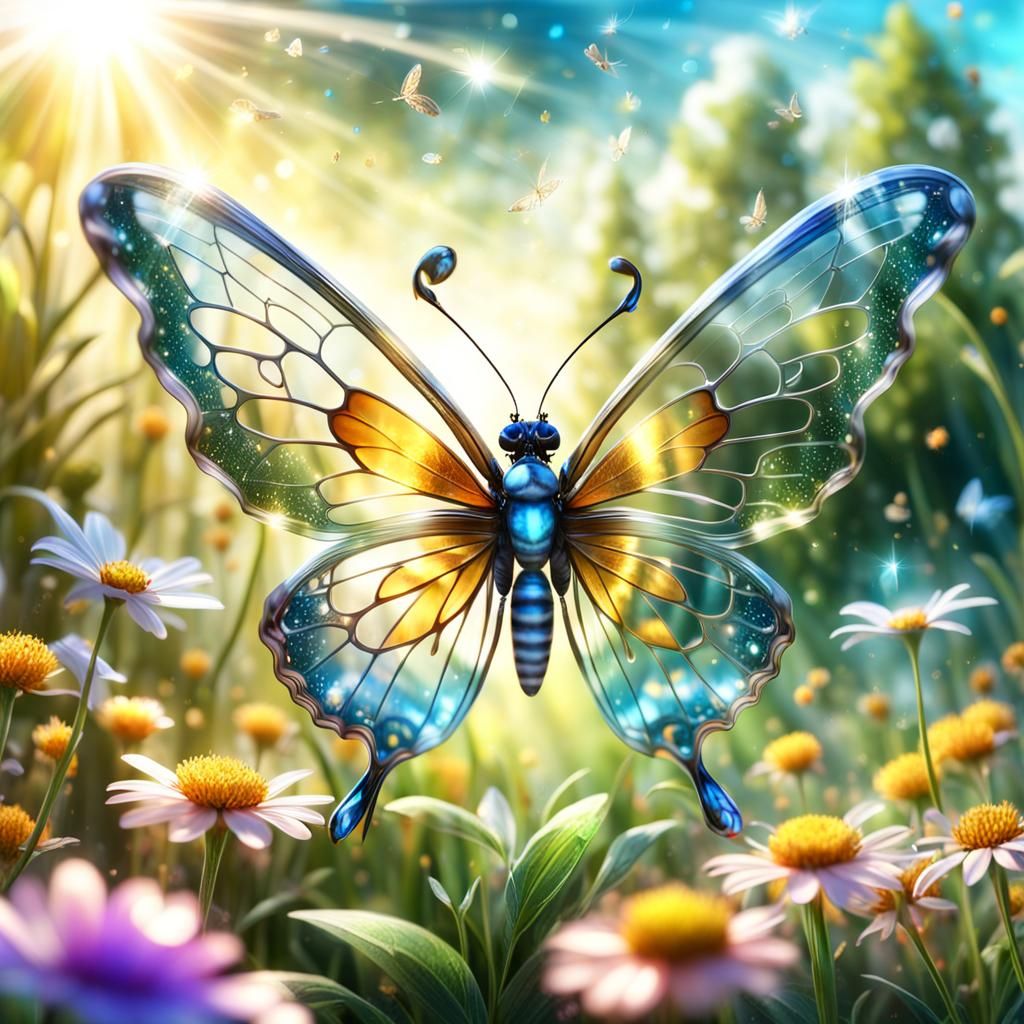 Glass-Winged Butterfly in Spring Meadow: 3D Airbrush Art