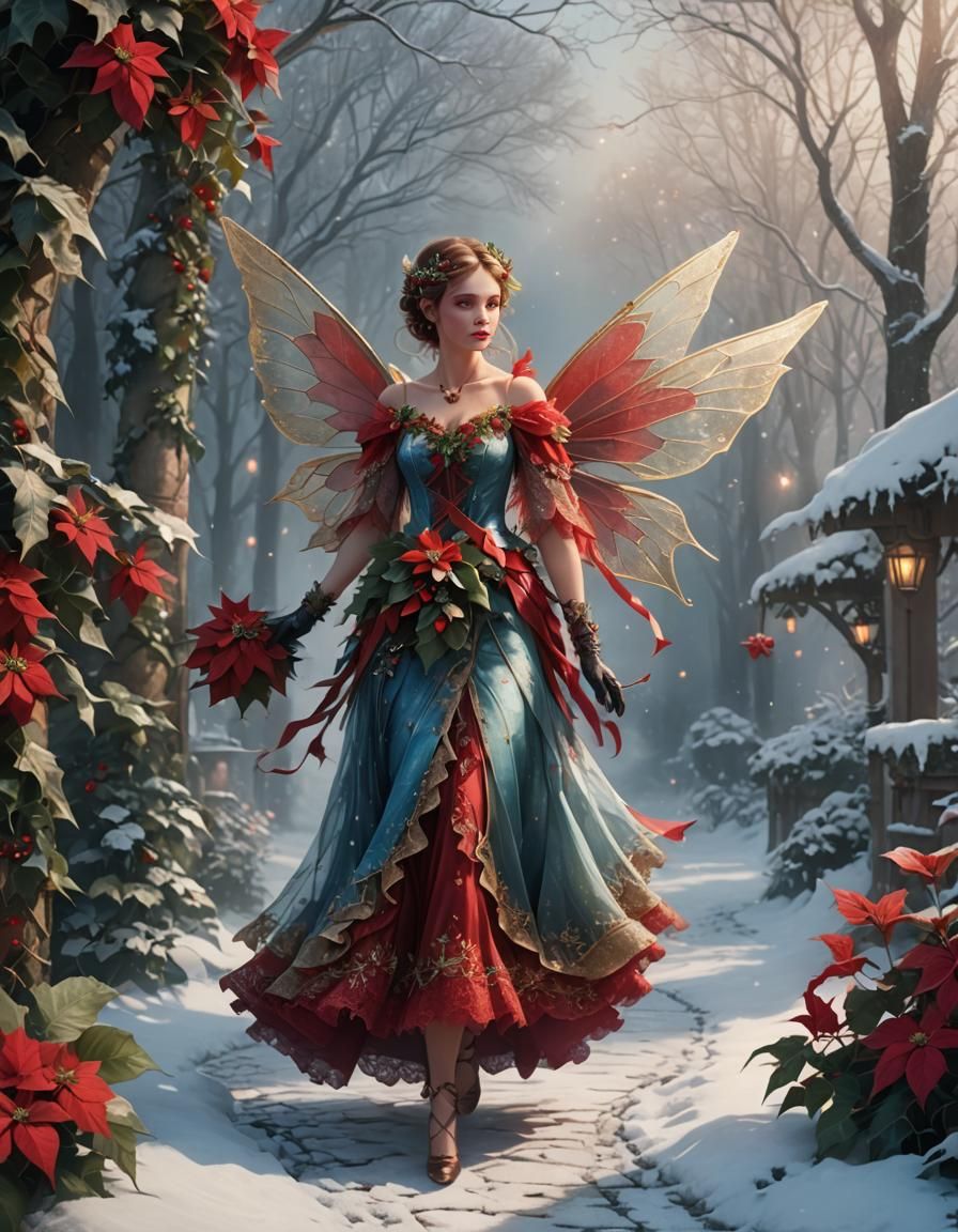 Christmas Fairy on Snowy Path in Art Nouveau Style