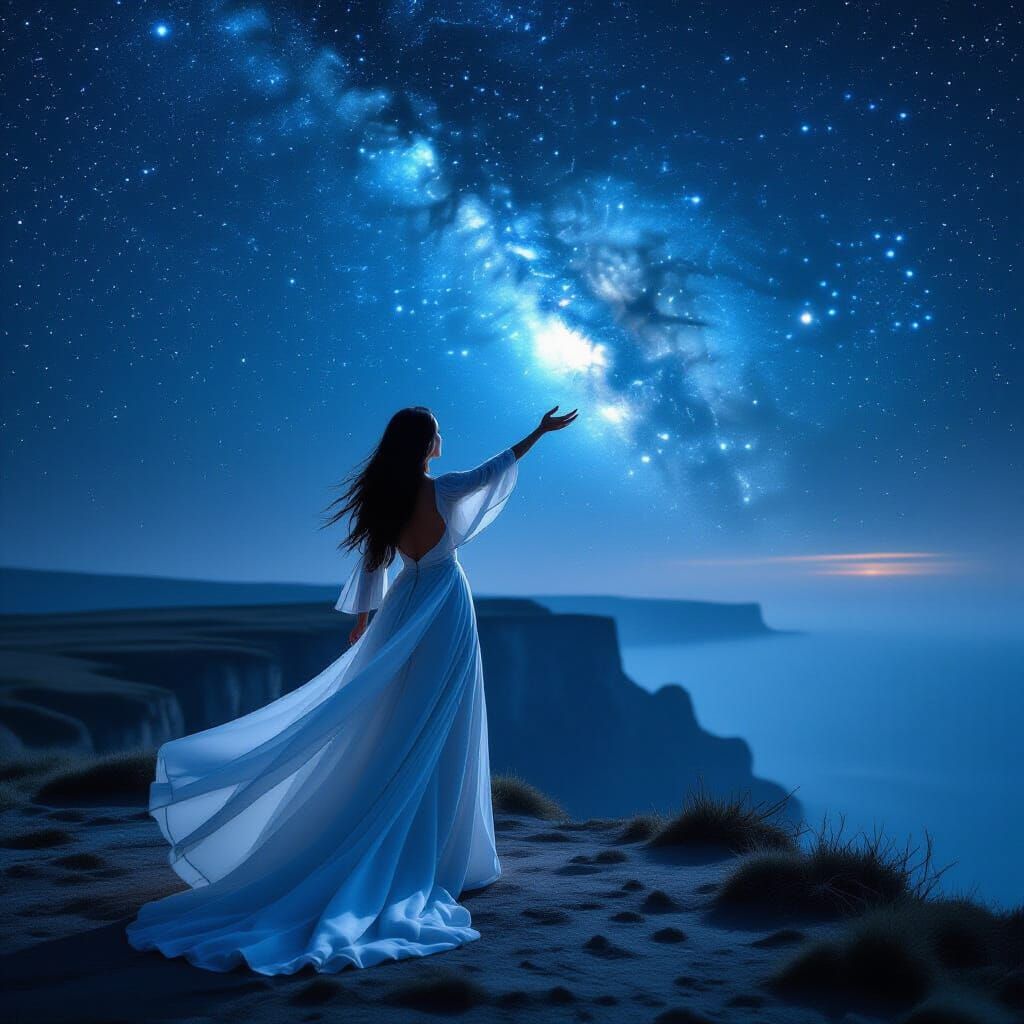 Woman Reaching for Star on Cliffside in Ethereal Night