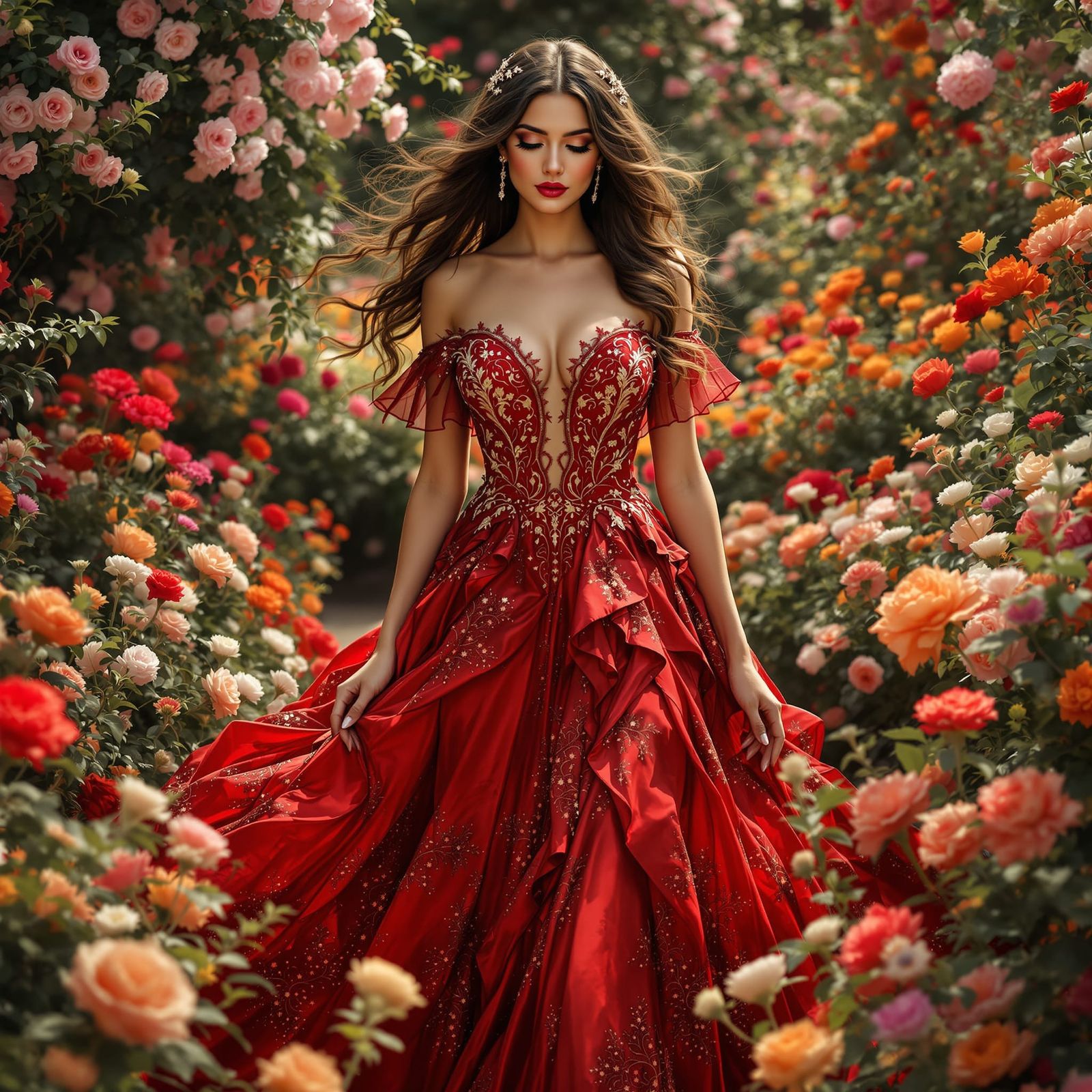 Woman in Shiny Red Dress in Flower Garden