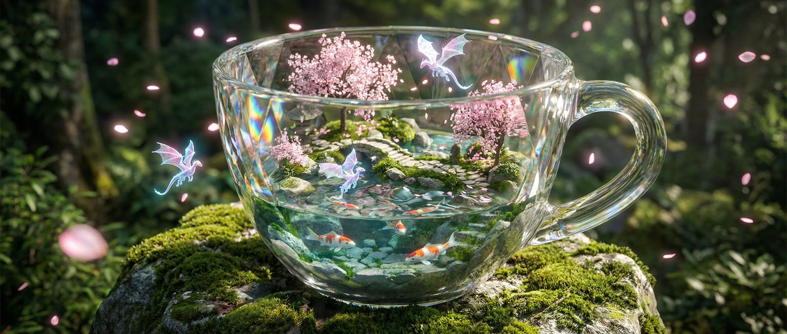 Crystal Teacup Garden with Koi and Dragons