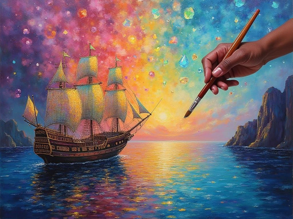 Dreamlike Sail Ship in a Multicolored Rainbow River