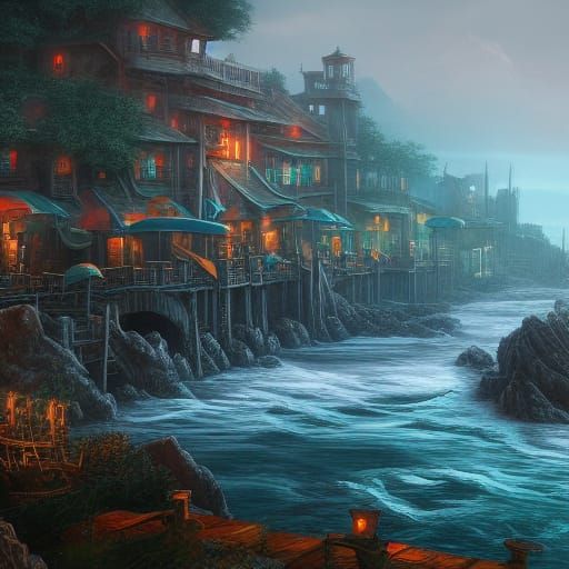 Fantastical Coastal River Town in Detailed Matte Painting