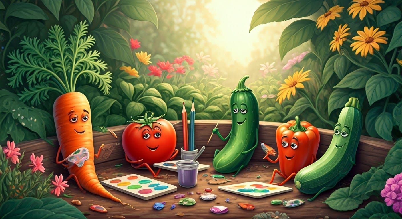 Smiling Vegetables Painting in Garden, Pastel Art
