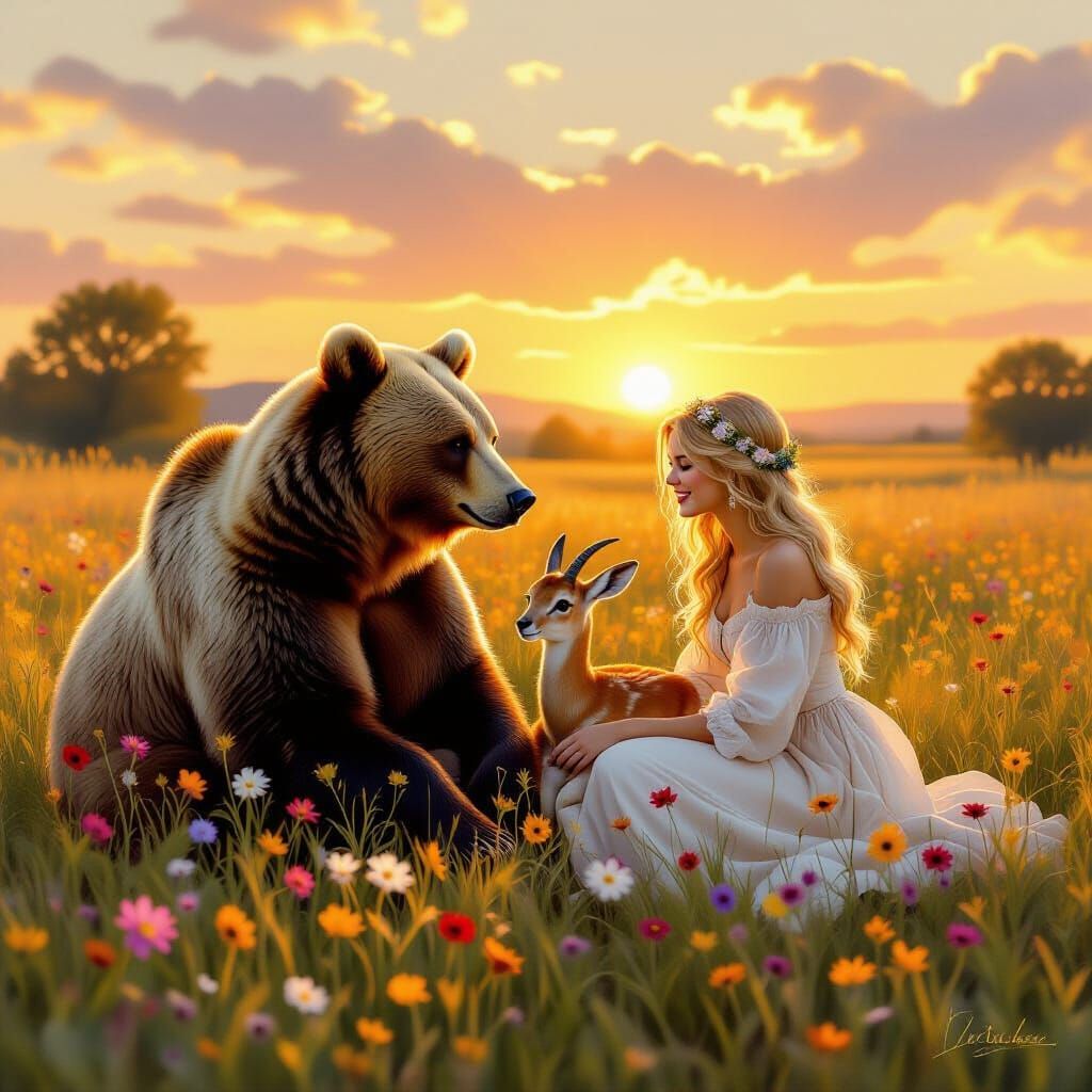 Joyful Meadow Scene: Bear, Gazelle, and Lady at Sunset