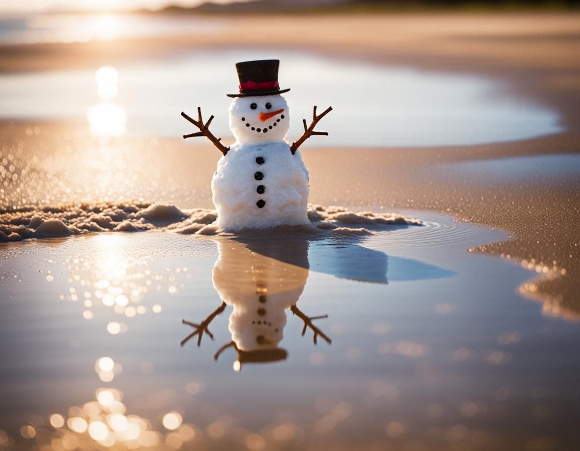 Snowman Melts on Sunny Beach: Professional Photography