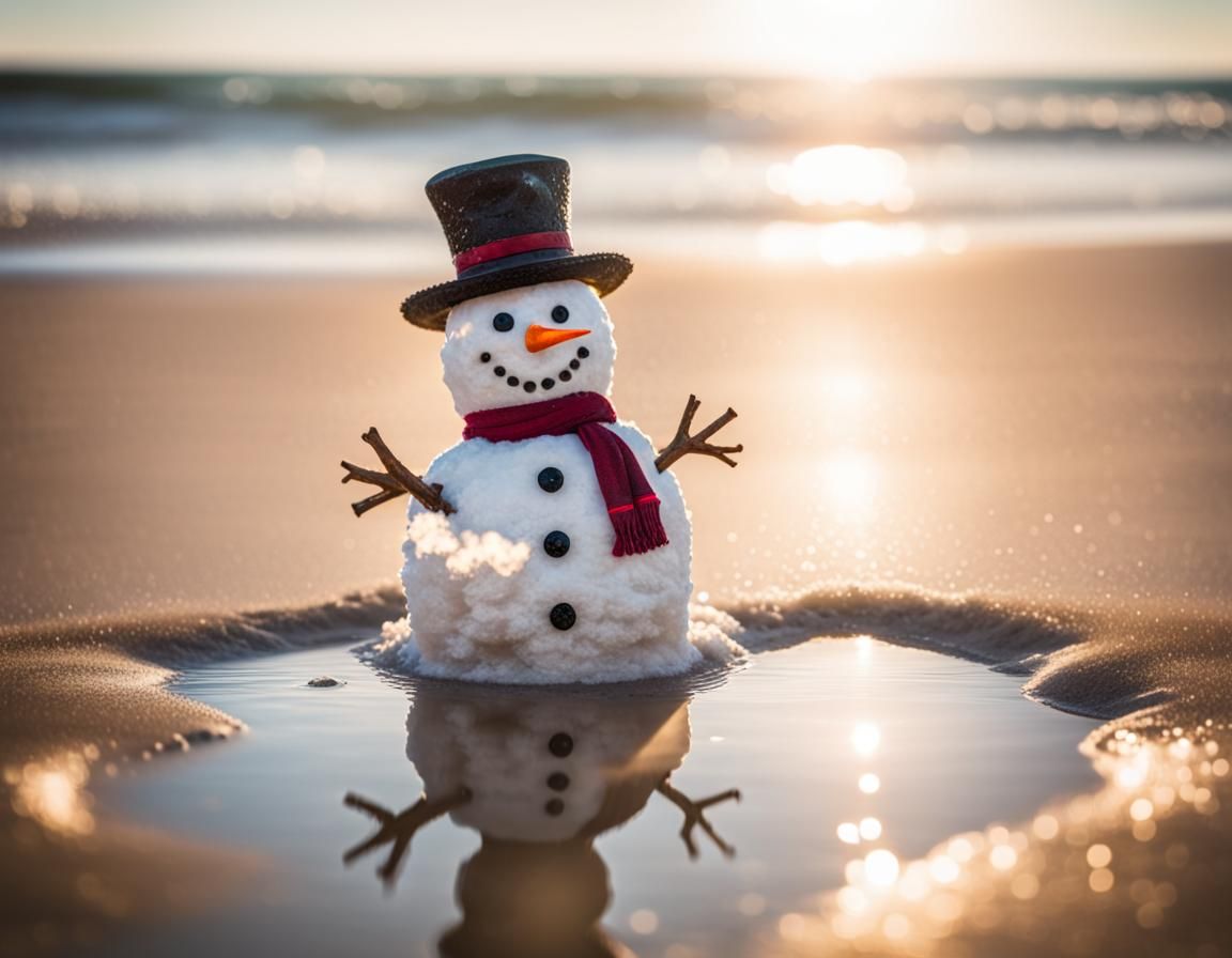 Snowman Melts on a Sunny Beach