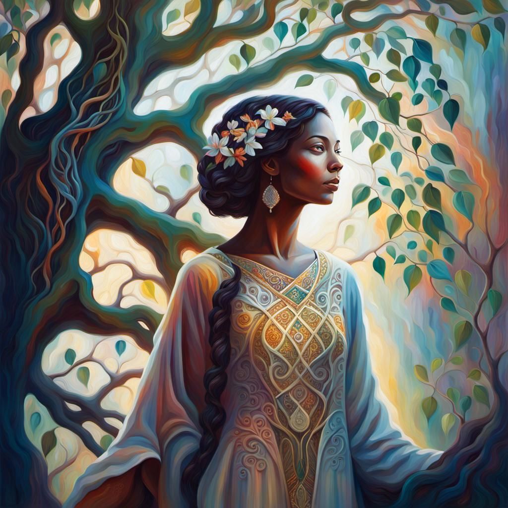 Woman at the Base of Tree of Life, Oil Painting