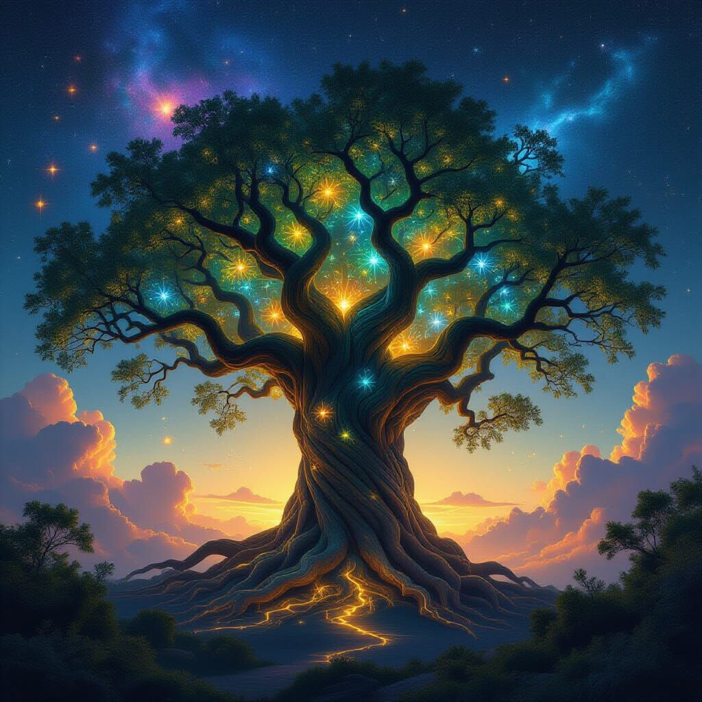 Ancient Cosmic Tree with Bioluminescent Leaves and Nebula