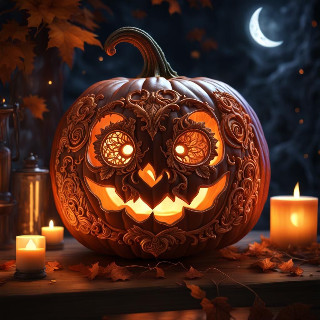 Intricately Carved Pumpkin Lantern with Heart Candle