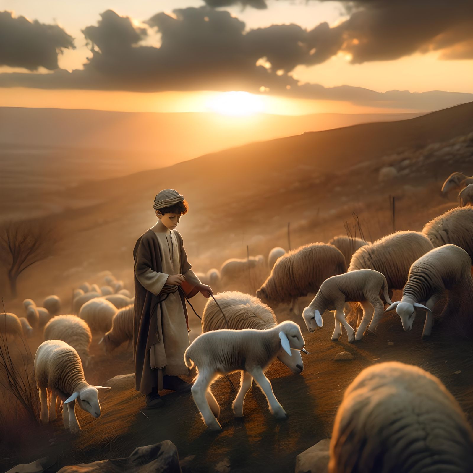 Biblical Shepherd Boy with Sheep at Sunset