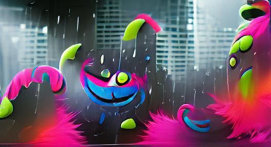 Vibrant Monster Mascots in Neon Rain